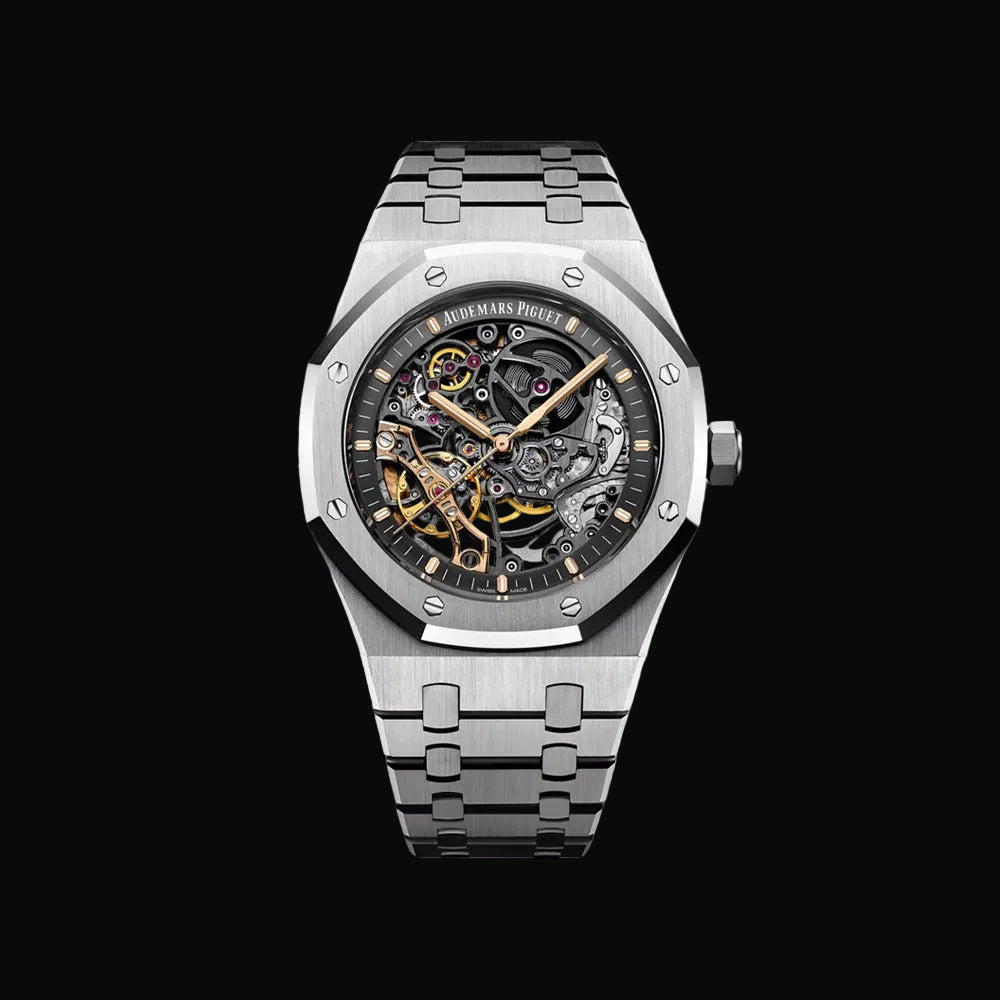 Luxury watch with a silver metal bracelet on a white background