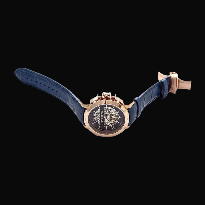 Watch with blue strap and rose gold case on a white background