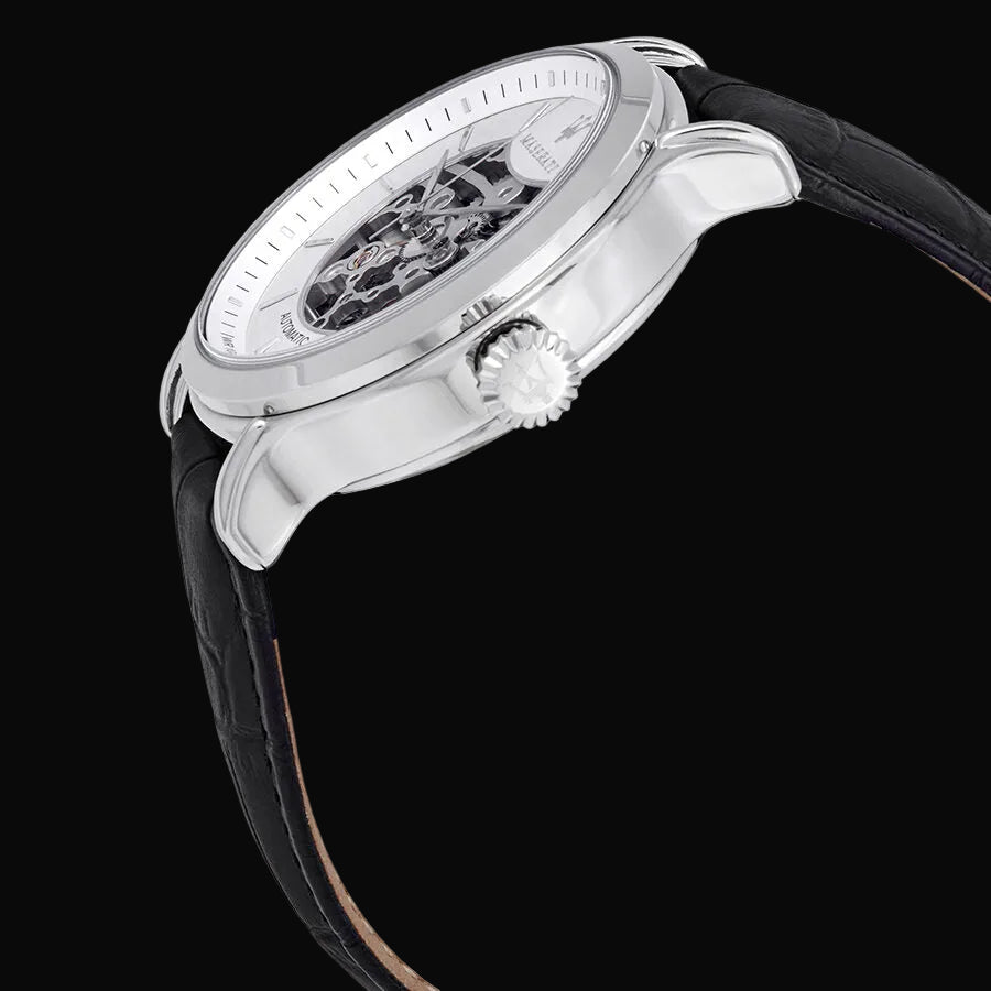 Silver watch with black strap on a white background