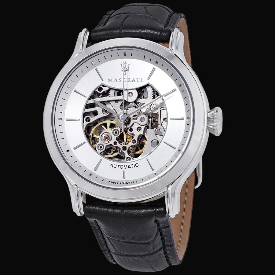 Maserati watch with black leather strap and visible mechanical components on a white background